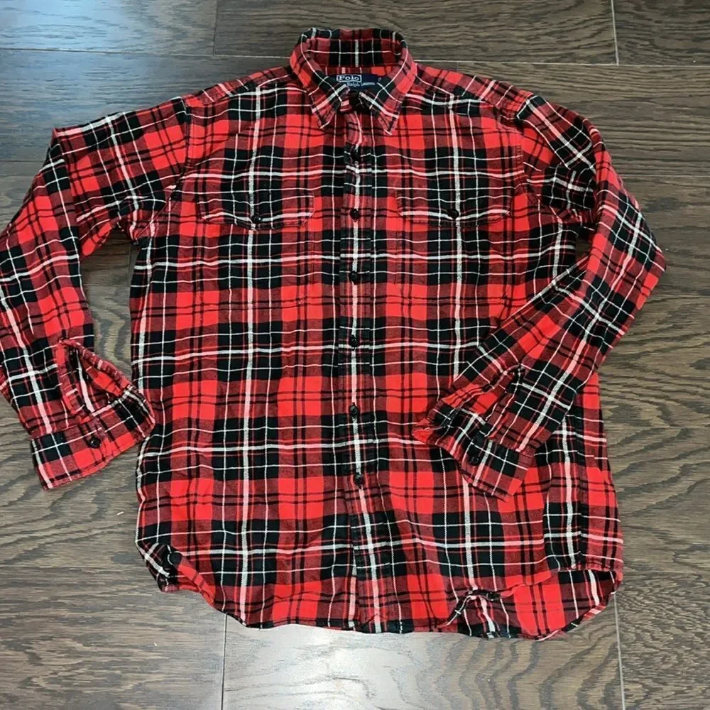 Polo Ralph Lauren Holiday Red Black Plaid tartan Button Down Shirt-S 2 pockets